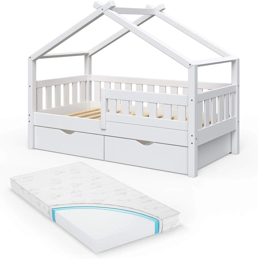 Letto montessori bambini Design, Bianco, 80x160 cm con 2 cassetti e materasso, adatto come area giochi e zona notte per bambini