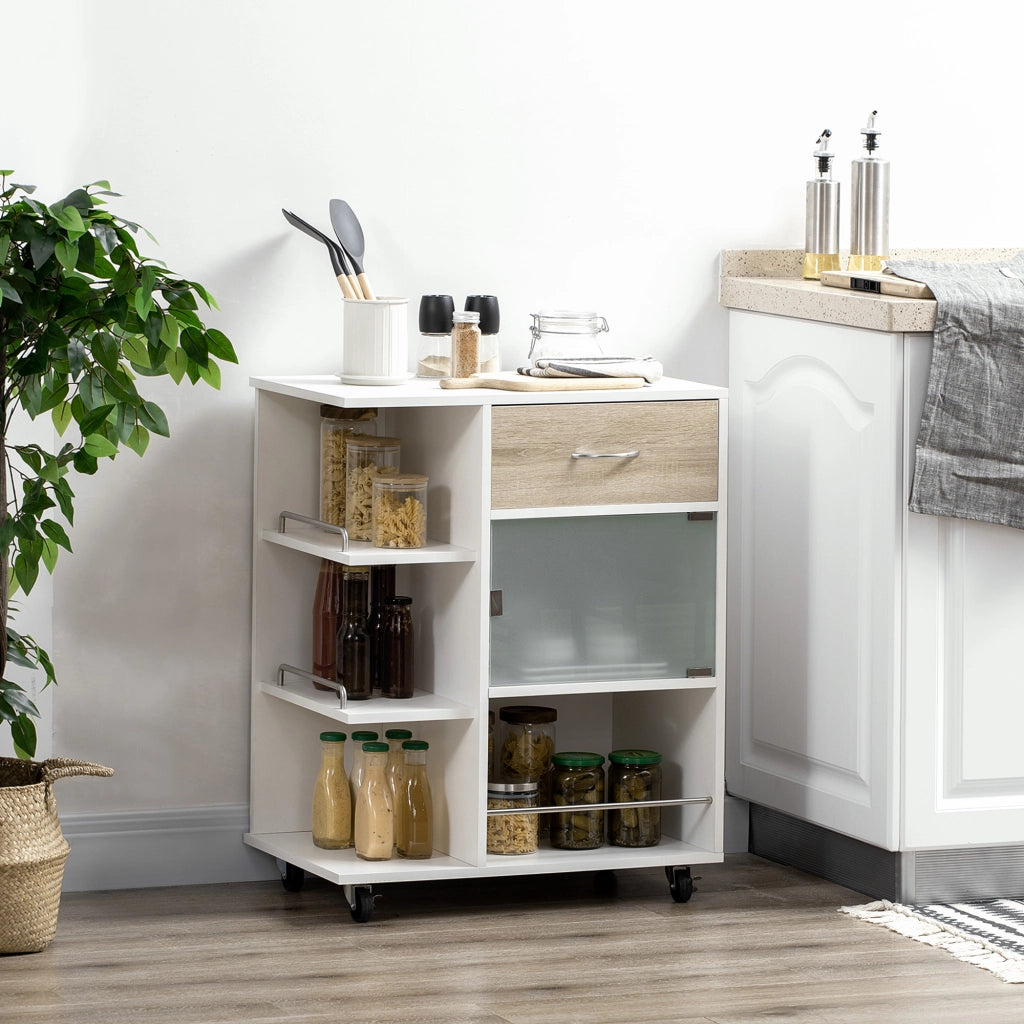 Carrello da cucina con cassetto e porta a vetro ¨C zephmum ¨C naturale 65x39x80 cm
