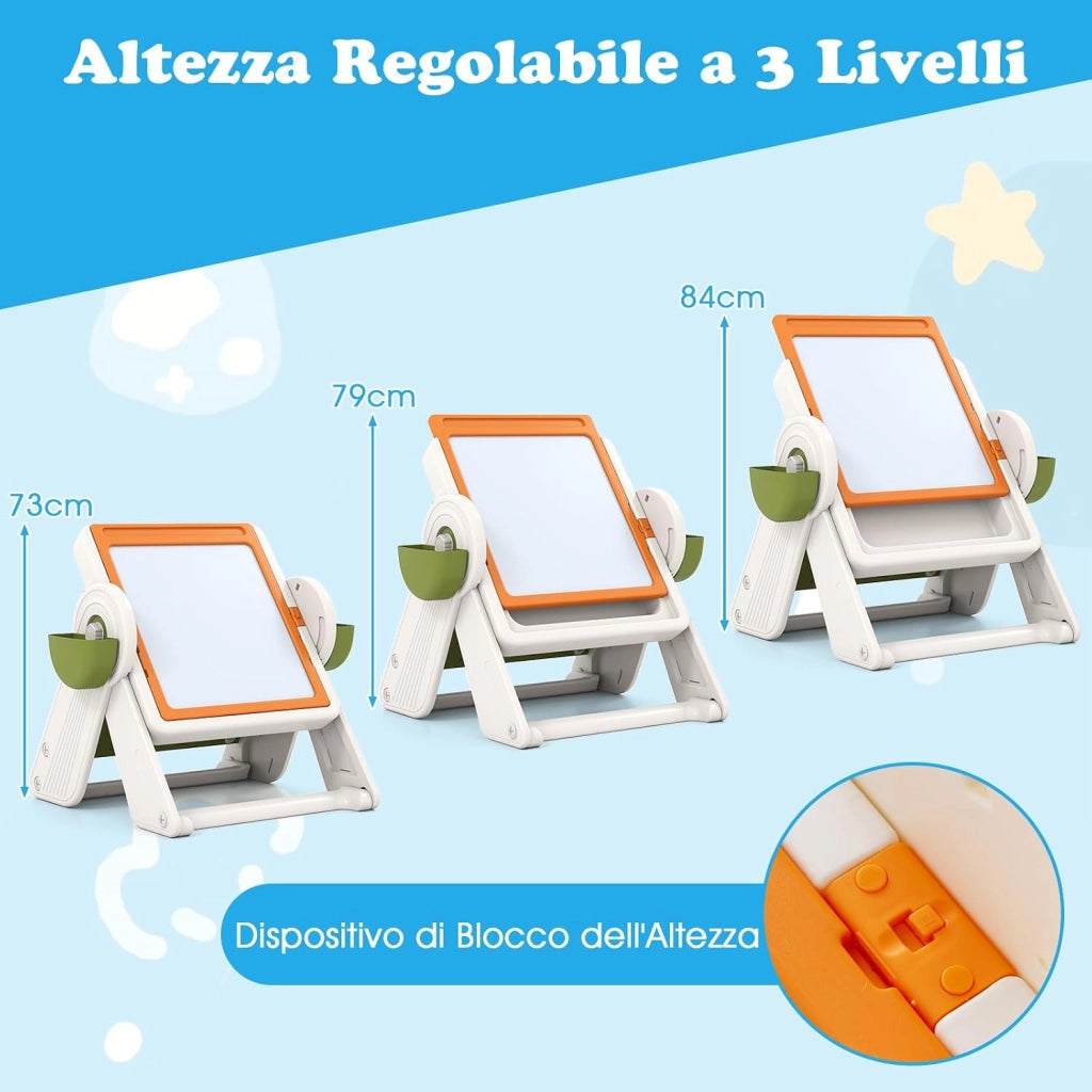 Set Tavolo e Sedia 6 in 1 per Bambini 18+ Mesi, Tavolino Pieghevole con Piano Reversibile, Porta Penne, Cesti Contenitori e Scaffale, Tavolo Salvaspazio per Giochi per Cameretta (Arancione)