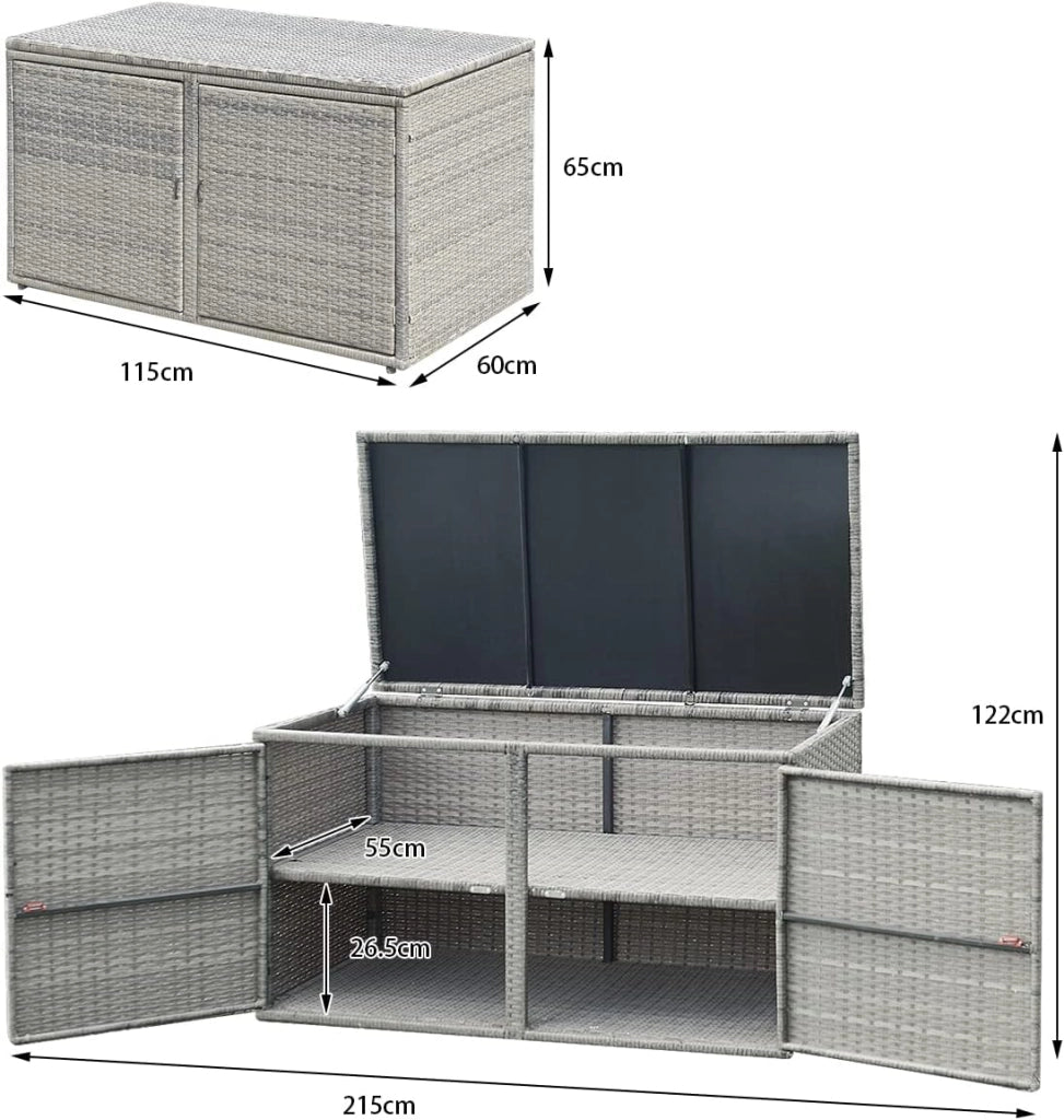 Cassapanca Per Esterni in Metallo e PE Rattan, Ideale Per Tenere in Ordine, 310 L,115 x 60 x 65/120 cm, 2 Colori (Grigio)