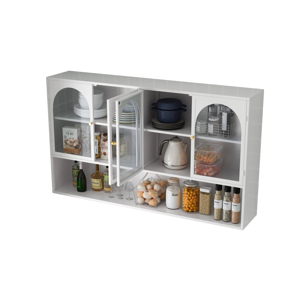 Mobile contenitore con 4 ante in vetro e metallo per cucina e soggiorno; 120×23×70 cm; bianco