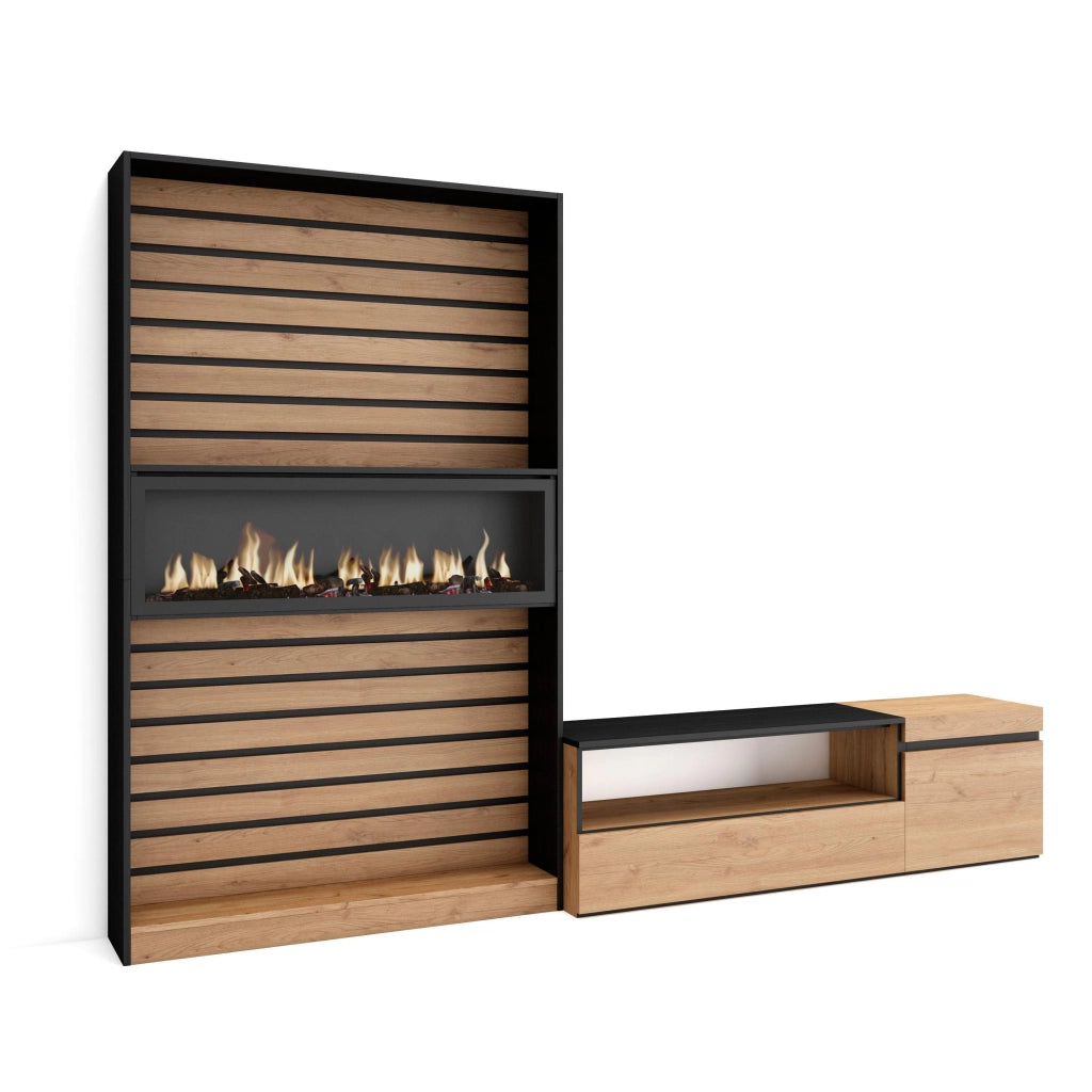 Mobile TV, Soggiorno, 260x35x186cm, Per TV fino a 65", Camino elettrico, colore Rovere e nero RF3156