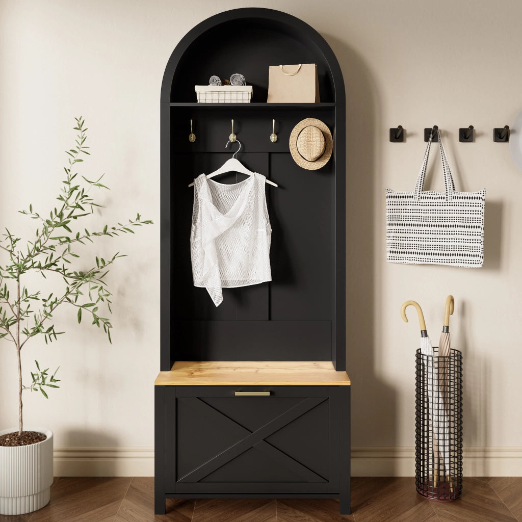 Mobile Ingresso Appendiabiti a Albero con Mensola e Scarpiera; in MDF; Nero e Legno; 75??35??195 cm