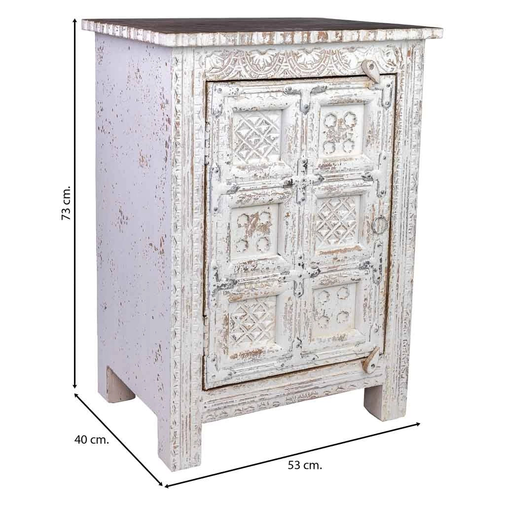 Comodino artigianale in legno con 1 anta, bianco, 53x40x73h cm