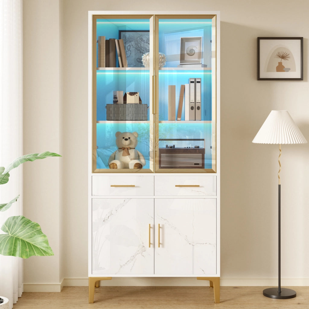 Vetrina con 2 ante in vetro, LED APP, 2 cassetti e ripiani, per soggiorno e sala da pranzo, bianco, 75 × 38 × 170 cm