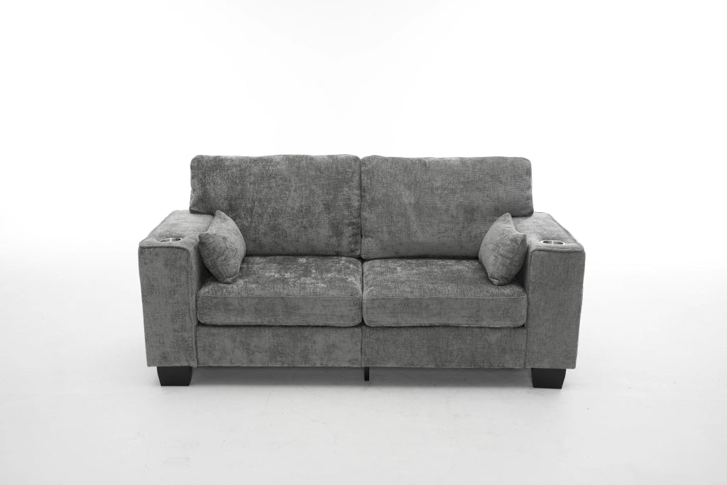 Divano a 2 posti con portabicchieri e tasche laterali in tessuto chenille grigio scuro per soggiorno 182 cm