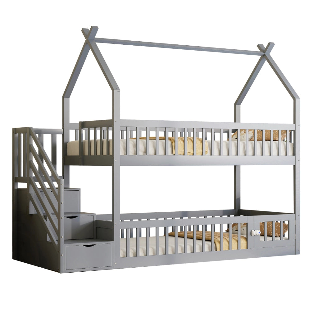 Letto a castello 90x200 cm con tetto; scala con cassetti e porticina in legno grigio