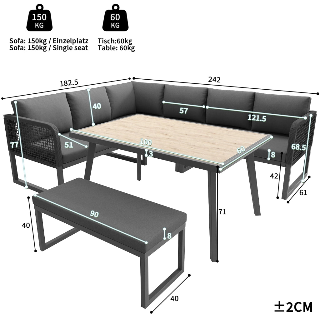 Set divano da giardino; cuscini extra spessi e modularit脿; PE rattan; grigio
