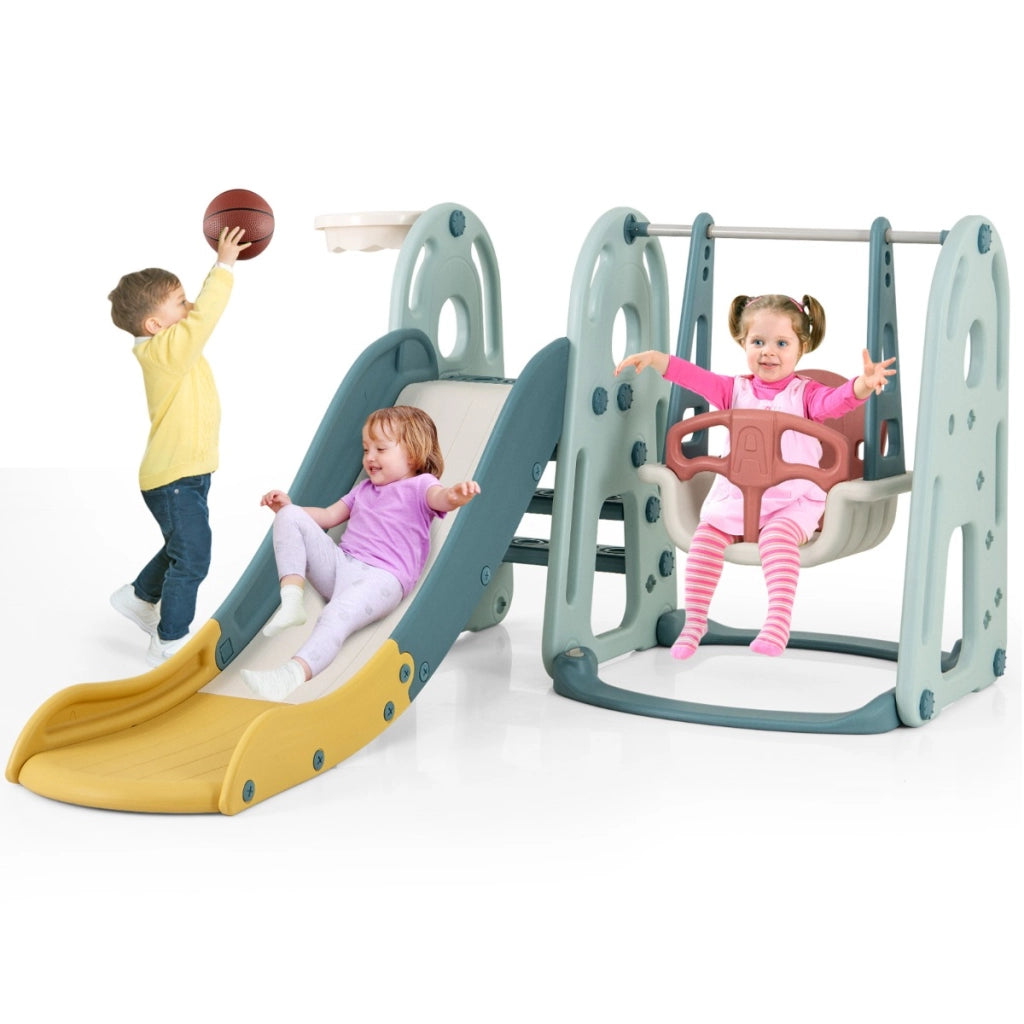 Set di scivolo 4-in-1 per bambini 18 mesi+, Set di gioco con altalena canestro da basket e arrampicata Verde-Arrampicate e scivoli