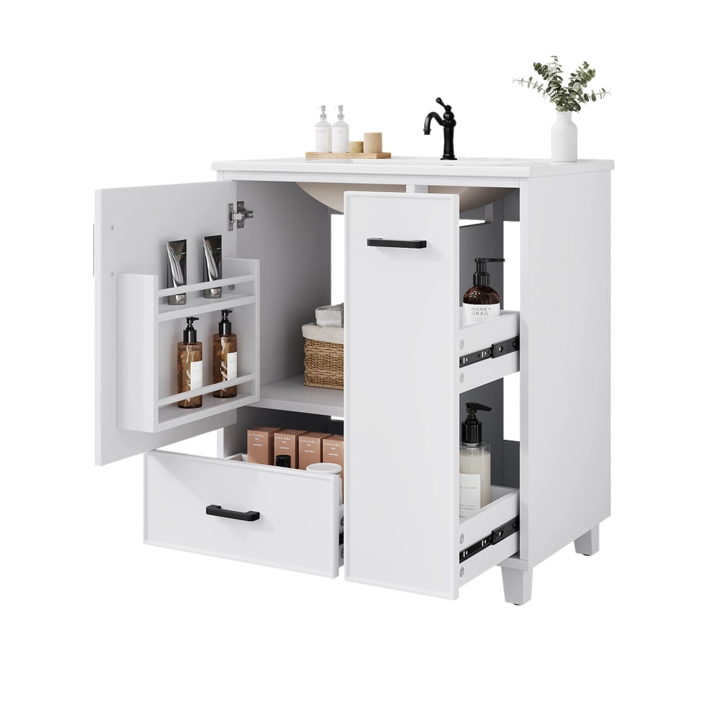 Mobile bagno con lavabo integrato in ceramica 76,5x47x82 cm bianco, 2 cassetti e anta con ripiani interni