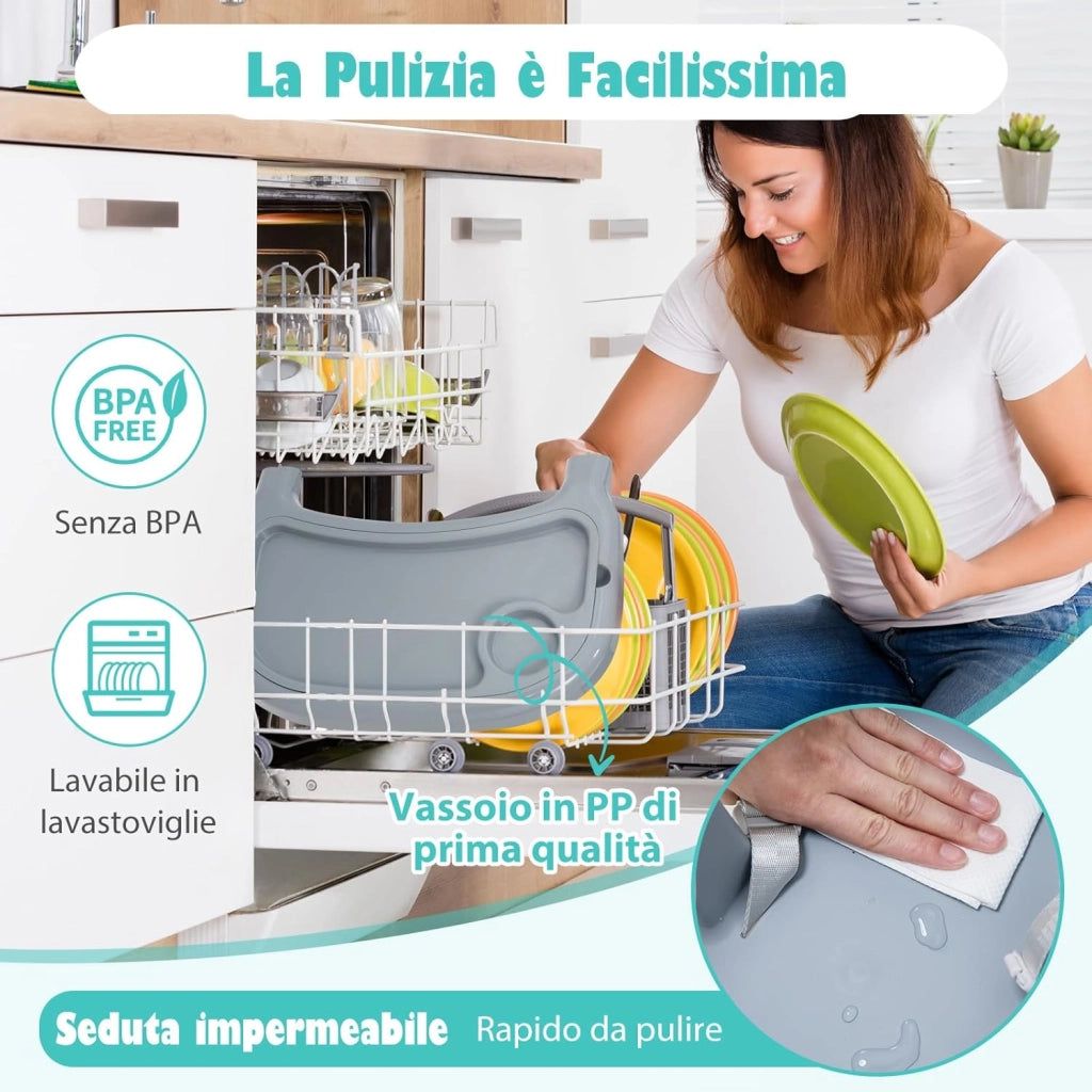 4 in 1 Seggiolone Papa per Bambini, Seggiolone per Neonati con Doppio Vassoio Rimovibile a 2 Posizioni, Cintura di Sicurezza e Poggiapiedi, per Bambini 6-36 Mesi (Grigio)