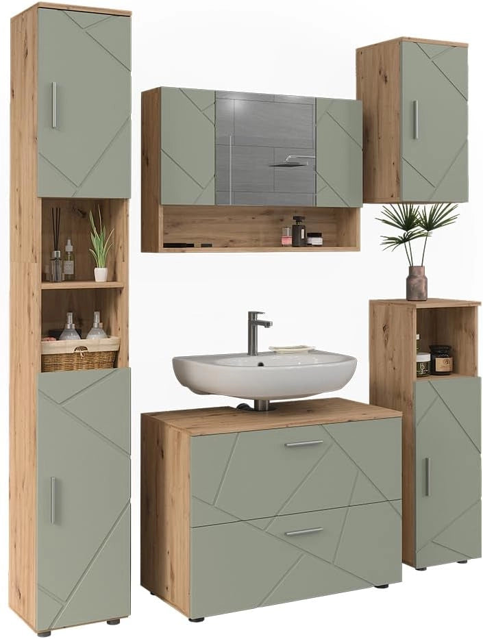 Set di mobili da bagno Irma, Verde salvia, 80 cm, composto da mobile sottolavabo, specchiera, colonna, base media e pensile