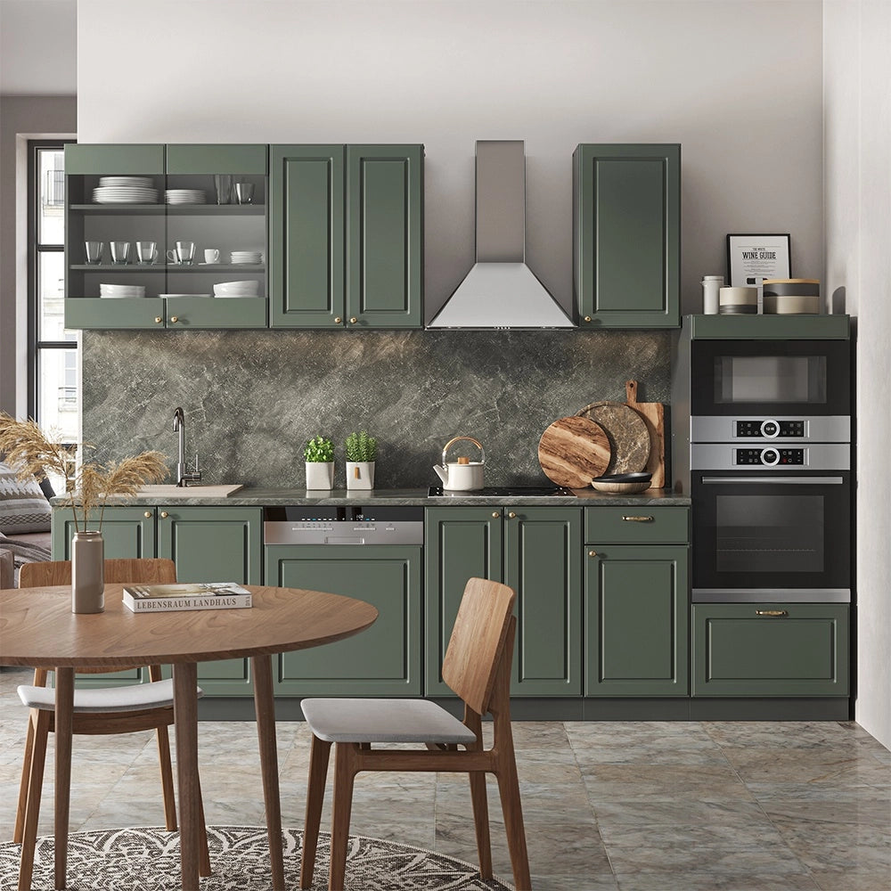 Cucina componibile Fame-Line Verde-oro rustico/Antracite 300 cm con armadio alto, PL Marmo Vicco