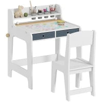 Scrivania e Sedia per Bambini con 2 Cassetti, Ripiano Superiore e Porta-bicchieri, 62,8x55,6x73,8 cm, Bianco