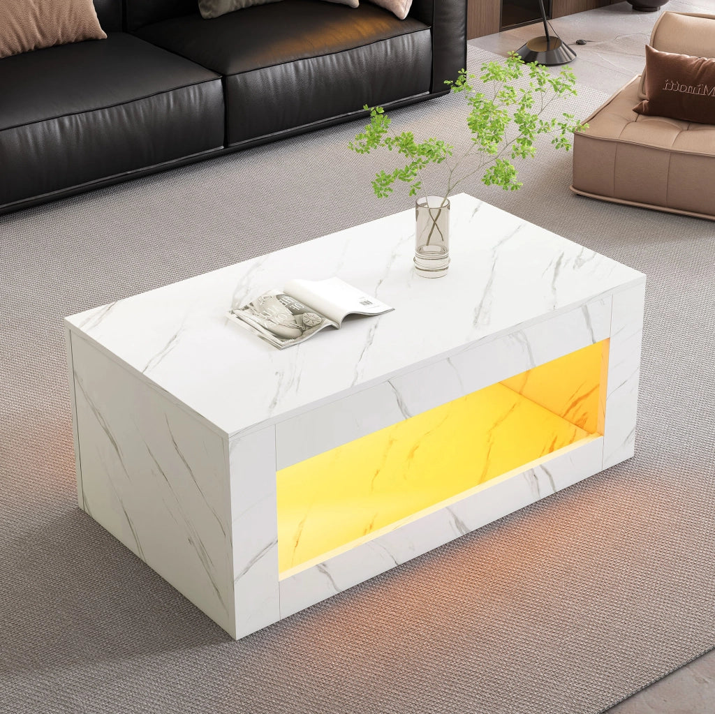 Tavolino da salotto moderno con LED USB; 100 x 50 x 50 cm; bianco lucido effetto marmo