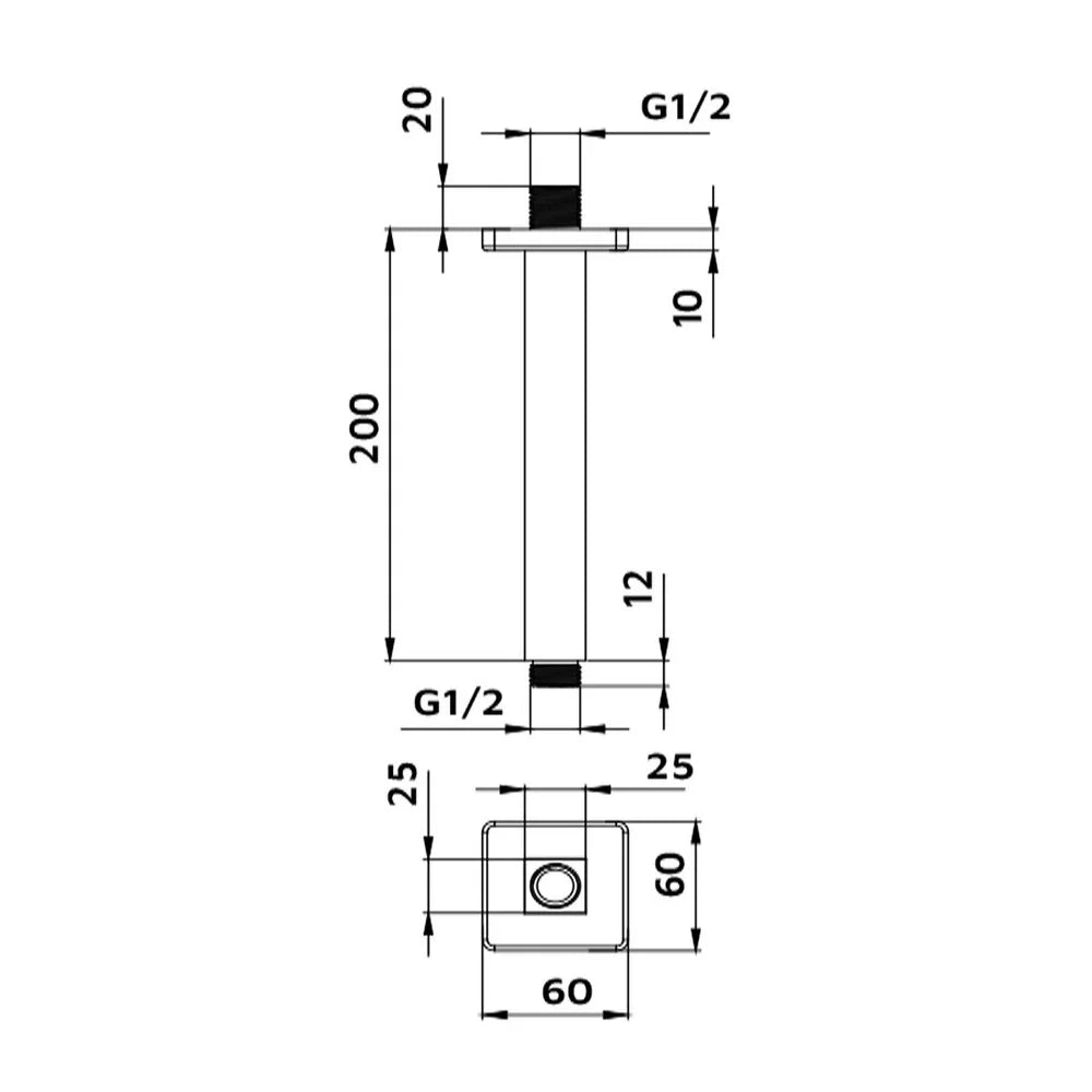 Braccio doccia a soffitto quadrato 20 cm