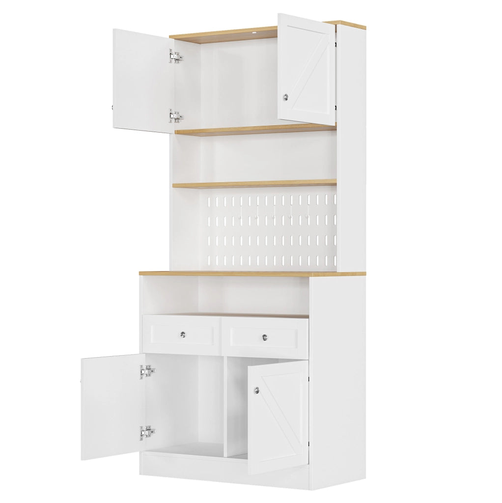 Sideboard 80x40x175 cm con pannello forato e ante stile fienile in MDF e pannelli di particelle bianco e naturale