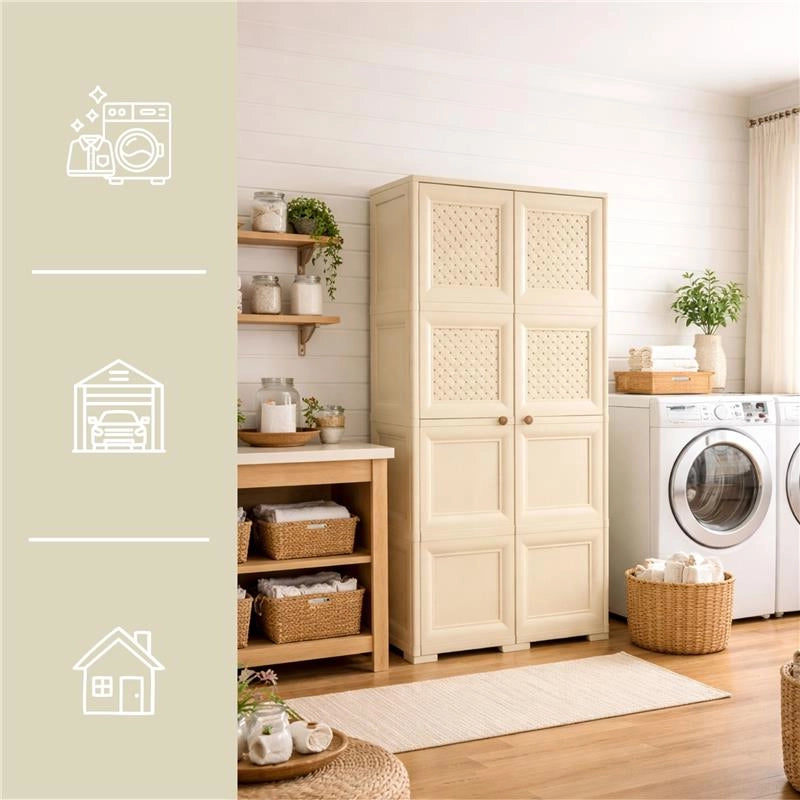 ARMADIO 4 MODULI ANGORA 79X43X164 CM CON 4 RIPIANI E ANTE TRAFORATE – MOBILE ALTO DECORATIVO PER ZONA GIORNO E INGRESSO