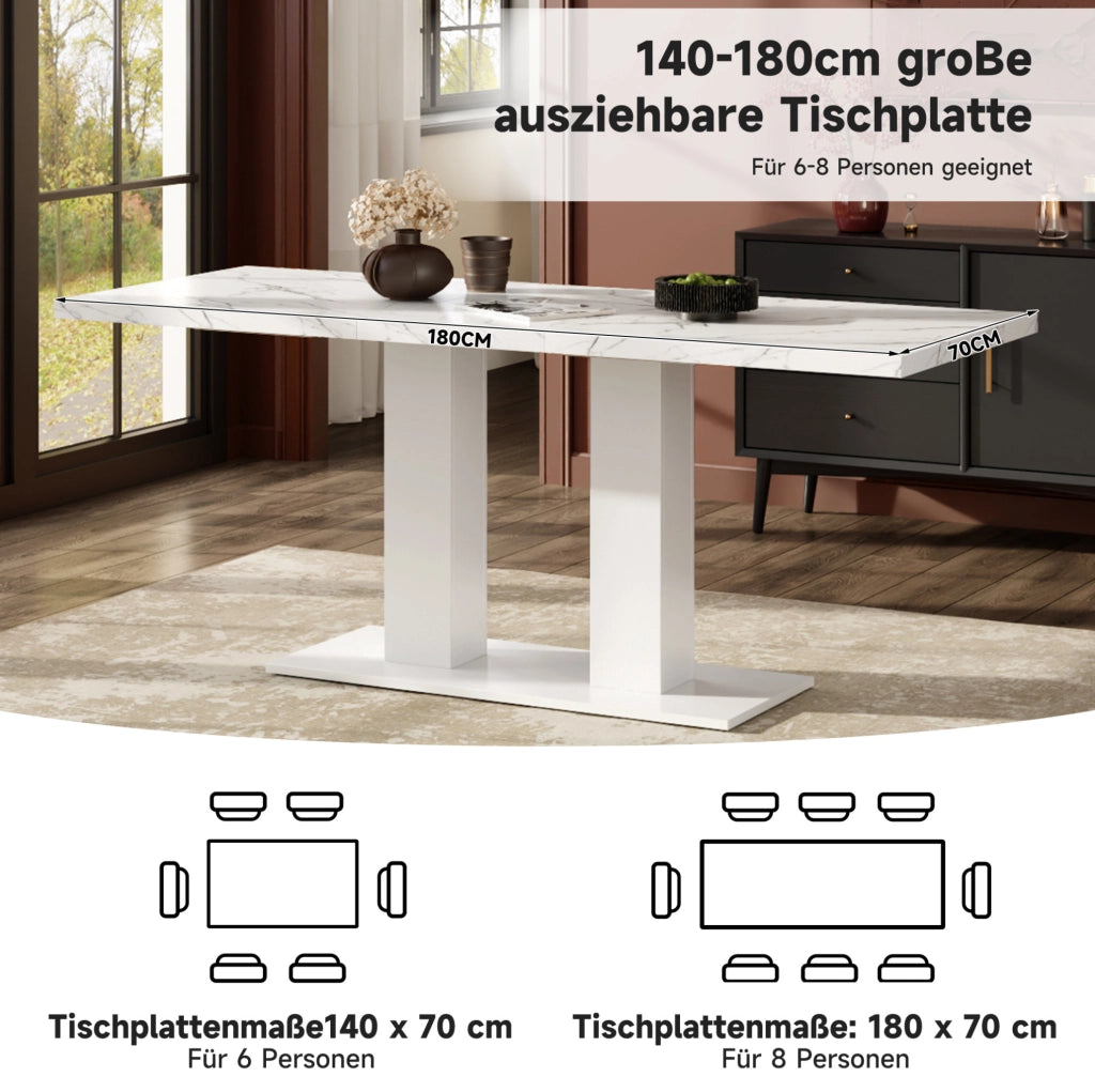 Tavolo da pranzo allungabile 140/180x70 cm in MDF bianco; per 4-8 persone