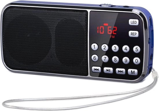 Radio FM Portatile con Altoparlanti Doppi, Batteria Ricaricabile 1200mAh e Lampada LED Portatile