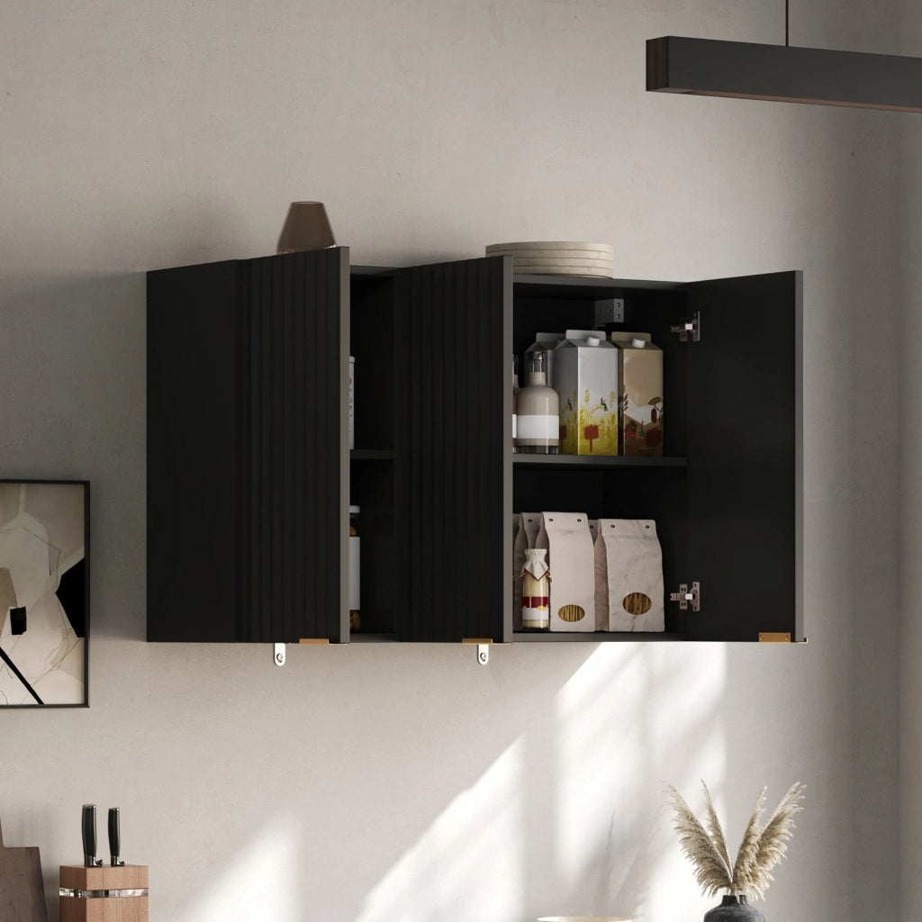 Pensile da parete con 3 ante in MDF nero 90x29x60 cm per cucina, bagno e lavanderia