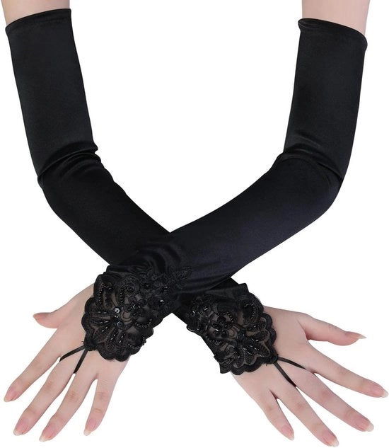 Maniche Stilose per Donna - Accessori di Festa Opera - Stile Audrey Hepburn - Maniche di Satin Elastico - Maniche Nere per Donne - Misura Gomito a Polso - Lunghezza 52 cm