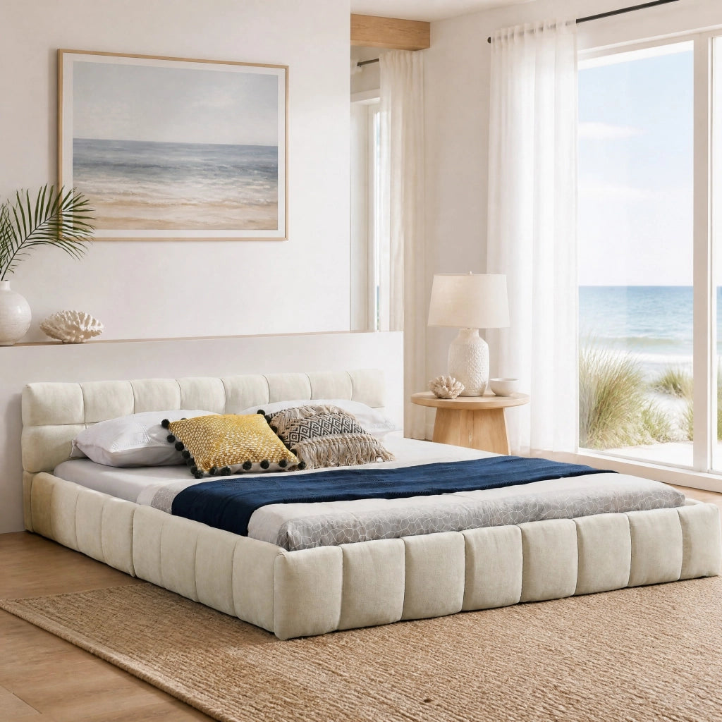 Letto matrimoniale imbottito 160x200 cm in chenille beige con struttura in legno di eucalipto e ferro