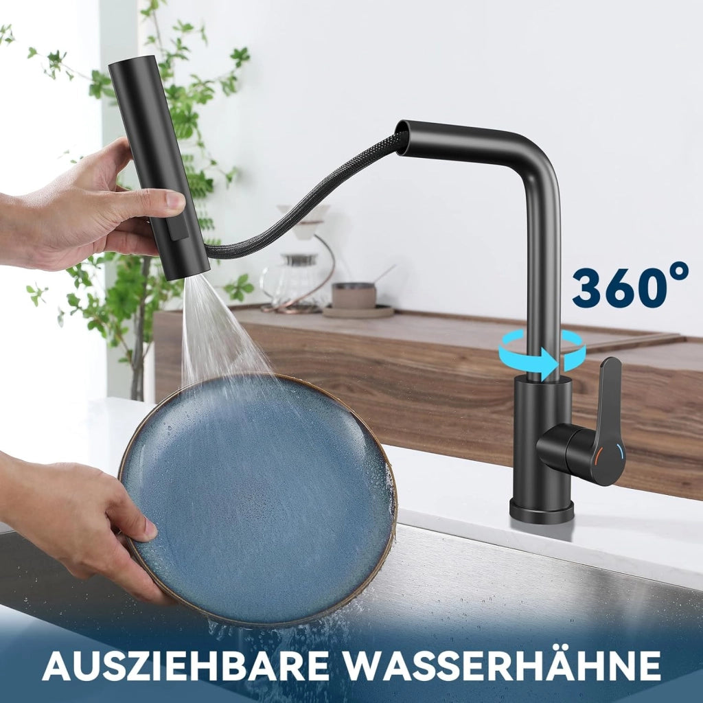 ZMH Miscelatore nero con doccetta estraibile e rotazione a 360°Miscelatore in acciaio inox con 2 getti