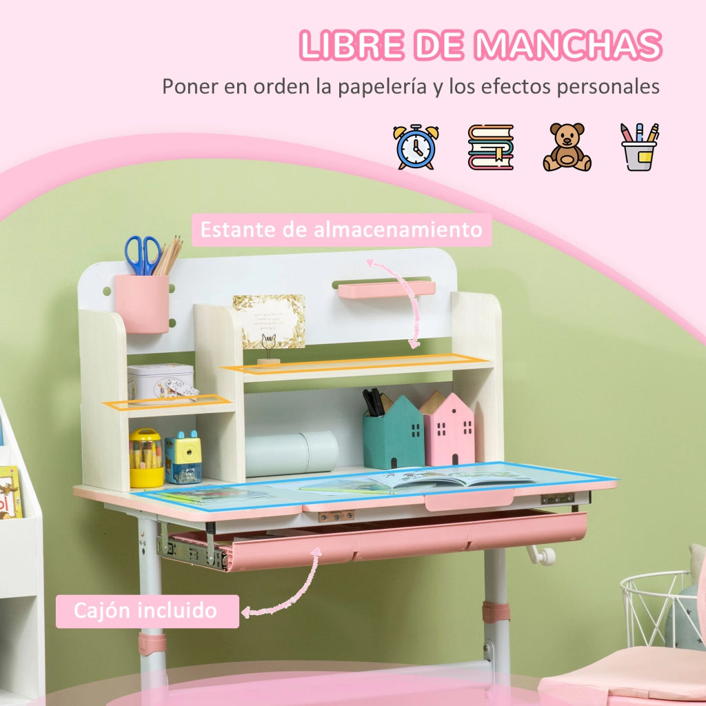 Scrivania Bambini Regolabile Altezza con Cassetto e Ripiano ¨C zephmum ¨C Rosa Bianco 80x52x88-109 cm