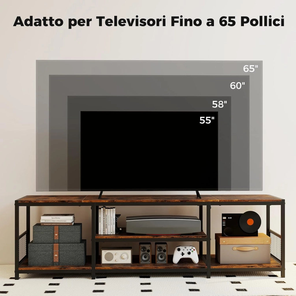 Mobile TV fino a 65’’, Mobile Porta TV con Mensole Aperte, Consolle Media Industriale, Centro Intrattenimento Basso Salotto, per Soggiorno e Camera da Letto