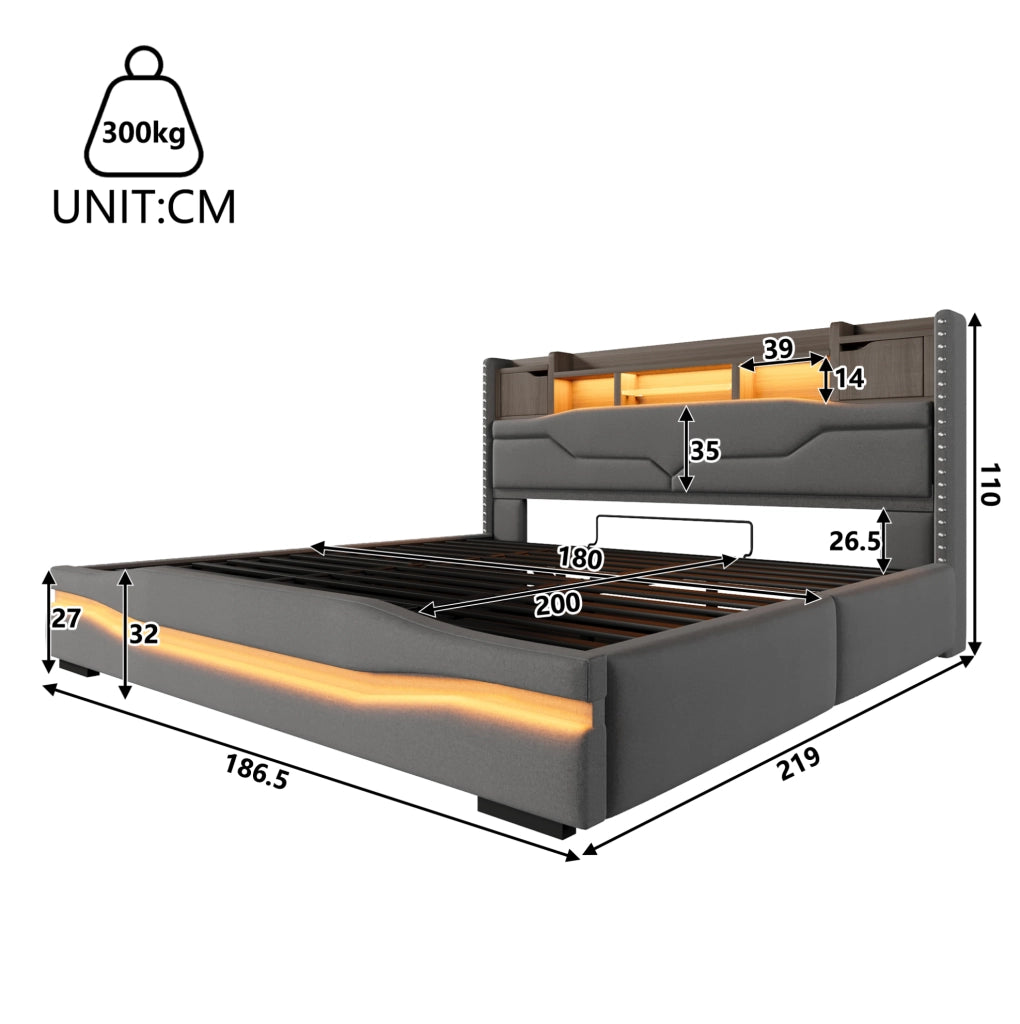 Letto imbottito ULEVR 180x200 cm con contenitore idraulico, LED, prese USB e Type-C, grigio