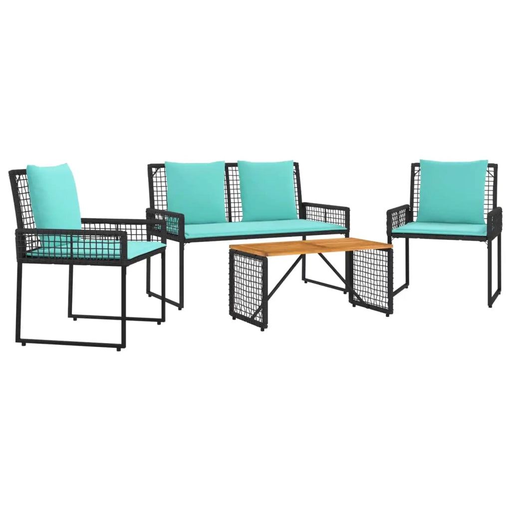 Set di Mobili da Esterno con cuscino 4 pz | Set Salotto da Giardino Nero e Turchese