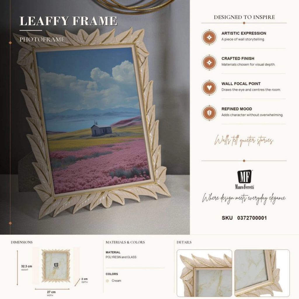 Cornice portafoto Leaffy in resina crema con foglie 20x25