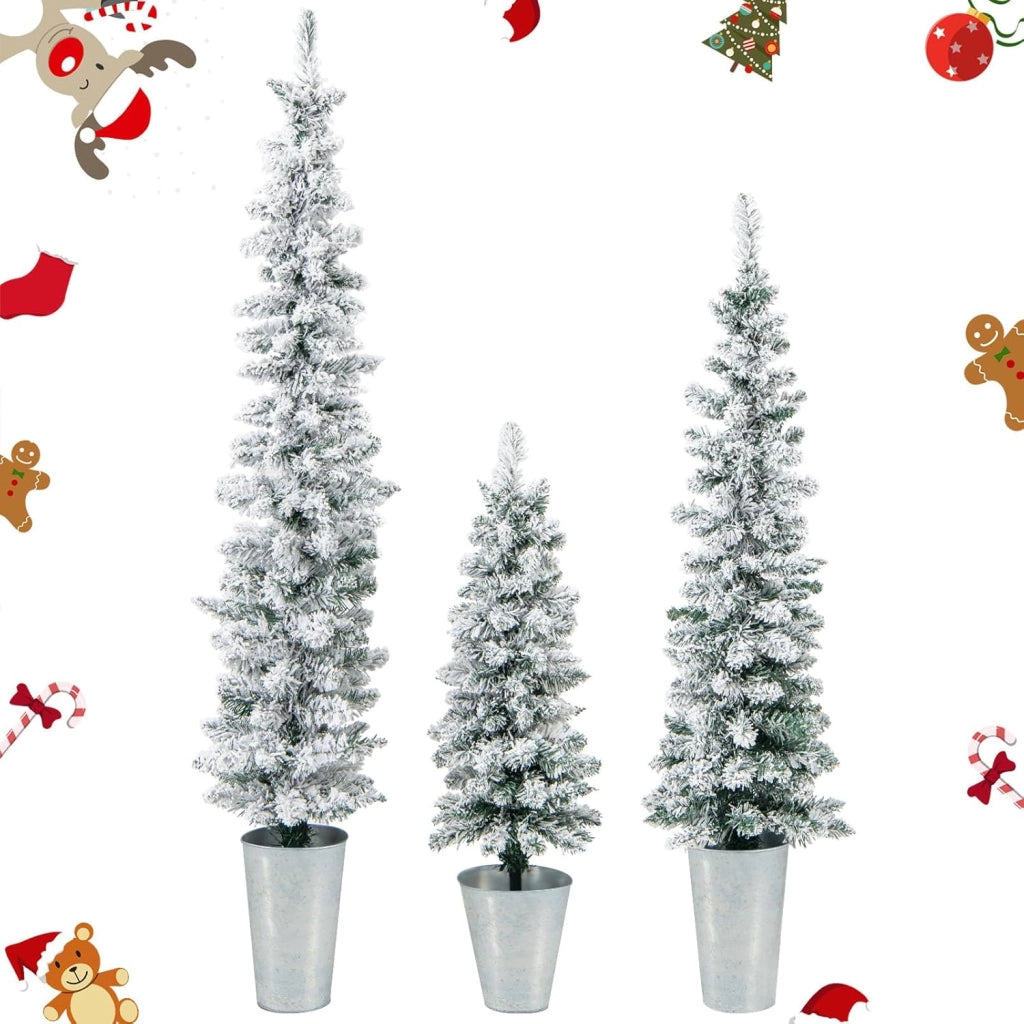 Set di 3 Albero di Natale Artificiale in Vaso con Alberi Finti da 90/120/150 cm, Alberi di Natale Sottili a Matita con Secchi in Metallo Argentato, Decorazione Festiva (Verde)