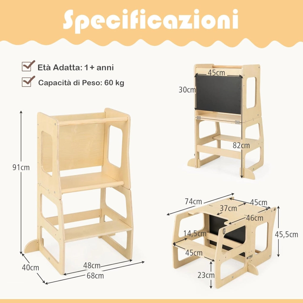 Torre per Bambini 3 in 1, Sgabello Montessori per Bambini con Lavagna, per Bambini 3 Anni +, Capacità di Carico 60 kg, 68 x 40 x 91 cm