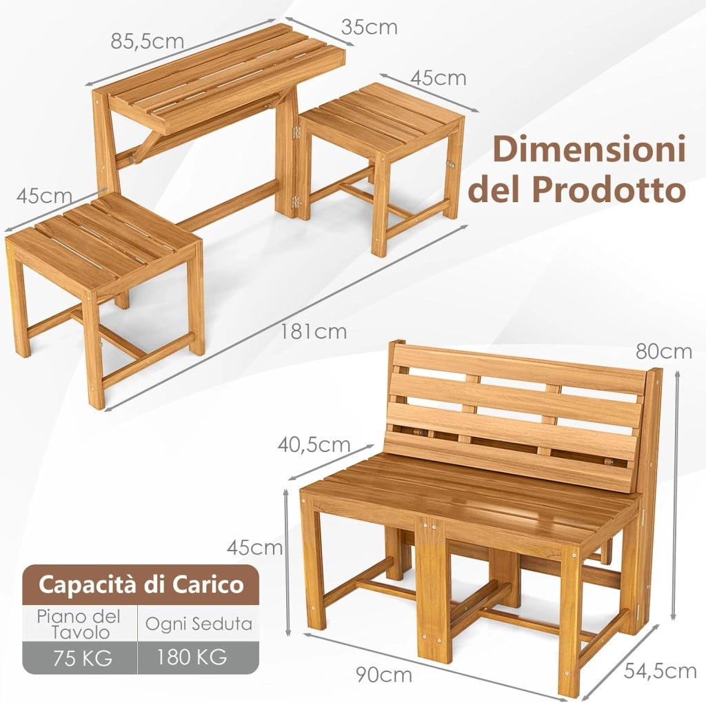 Panca Esterno Trasformabile 3 in 1, Panchina Giardino in Legno di Acacia con Schienale, Set Mobile Esterno con Tavolino e 2 Sedie, Supporto Piante per Terrazzo, Patio e Balcone