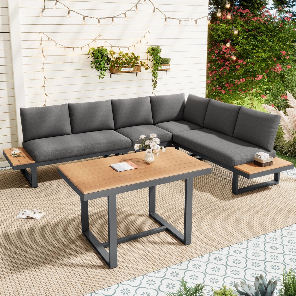 Set da Giardino con Tavolo e Divano Angolare ¨C MINIMAL ¨C Polyrattan Grigio/Nero, Acciaio
