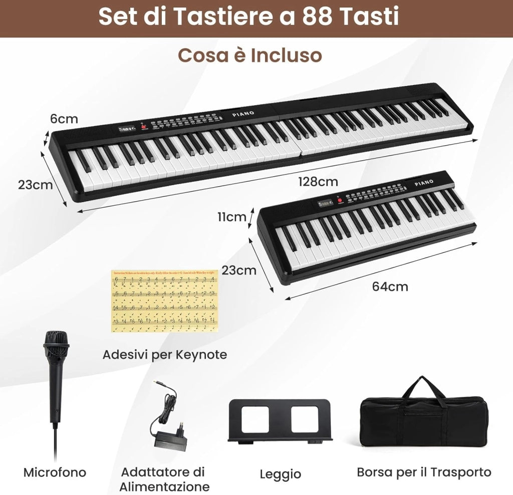 Pianoforte Elettronico Pieghevole a 88 Tasti, Piano Digitale con MIDI, 1000 Ritmi, 1000 Timbri, 150 Canzoni Demo, Registrazione, Batteria e Borsa da Trasporto per Bambini, Adulti (Nero)