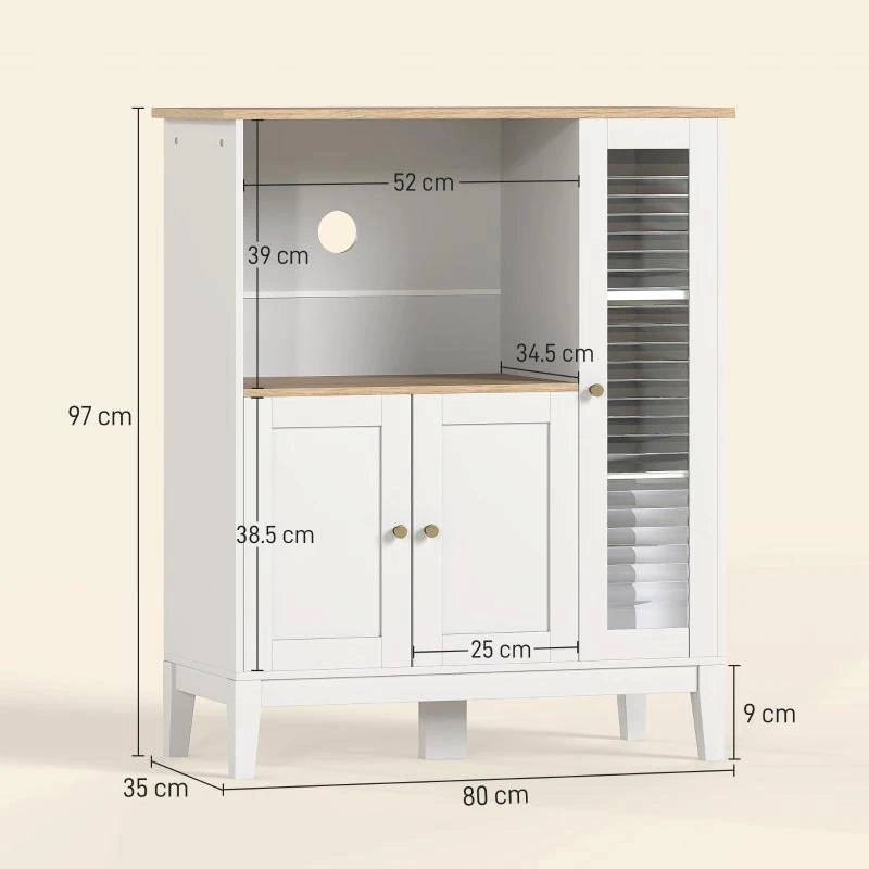 MOBILE MICROONDE CON ARMADIETTO INFERIORE E 3 RIPIANI LATERALI CON ANTA IN VETRO, IN LEGNO, 80X35X97 CM, BIANCO