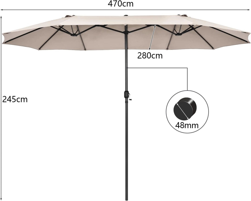 Ombrellone Doppio Giardino 470 cm, Rectangolare, Antivento, Protezione UV, Manovella, 12 Stecche, per Giardino Piscina Terrazza, 470 x 280 x 245 cm (Beige)