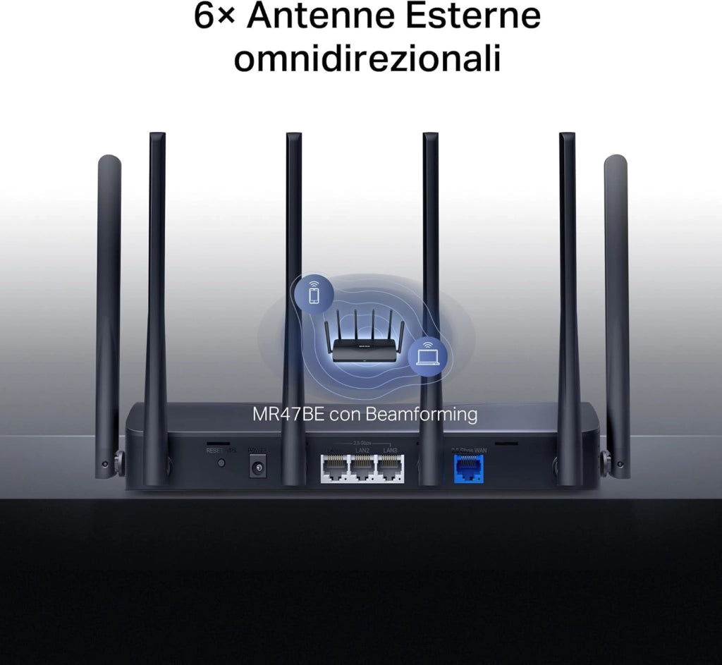 TP-Link MR47BE Router WiFi 7 tri-band BE9300, 320 MHz, 4K-QAM, MLO, 4 Porte da 2,5 Gbps, Banda da 6 GHz, Beamforming, EasyMesh, 6 Antenne ad Alto Guadagno, Configurazione Semplice
