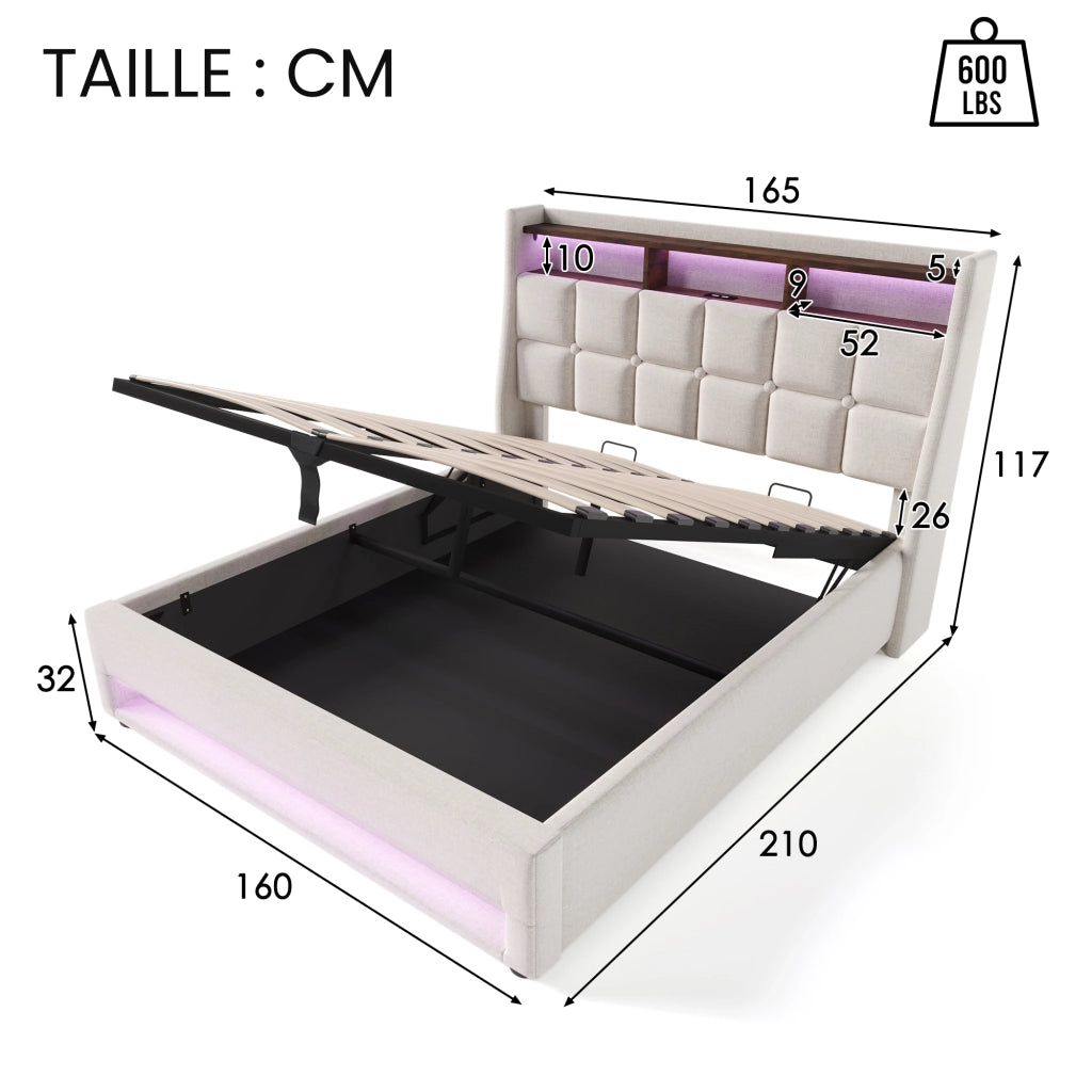 Letto contenitore 160 × 200 cm con LED, USB e materasso incluso, in lino beige