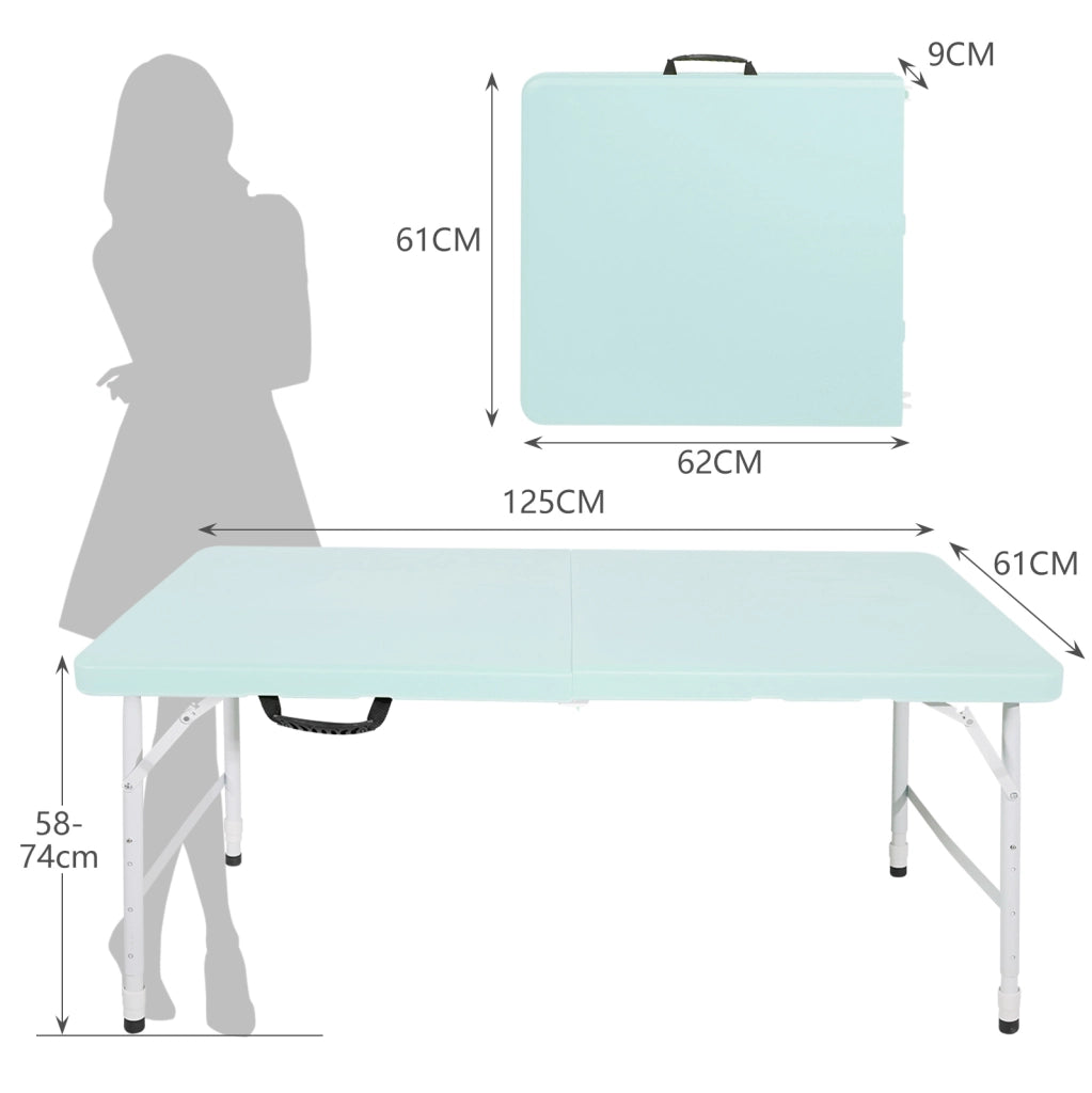 Tavolo pieghevole portatile 125 x 61 cm regolabile in altezza; plastica e ferro; blu