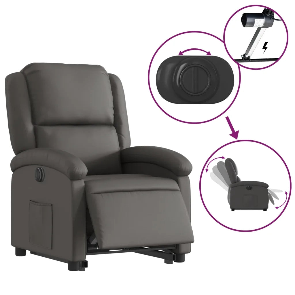 Poltrona Alzapersona Reclinabile Elettrica Grigia in Vera Pelle 3204273