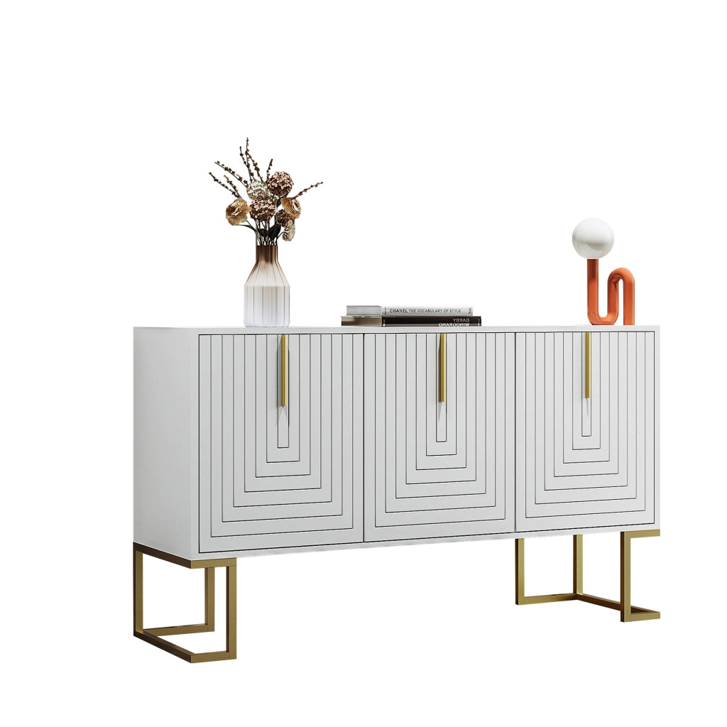 Credenza a 3 ante con ripiani regolabili e base in metallo per soggiorno cucina e sala da pranzo; bianco