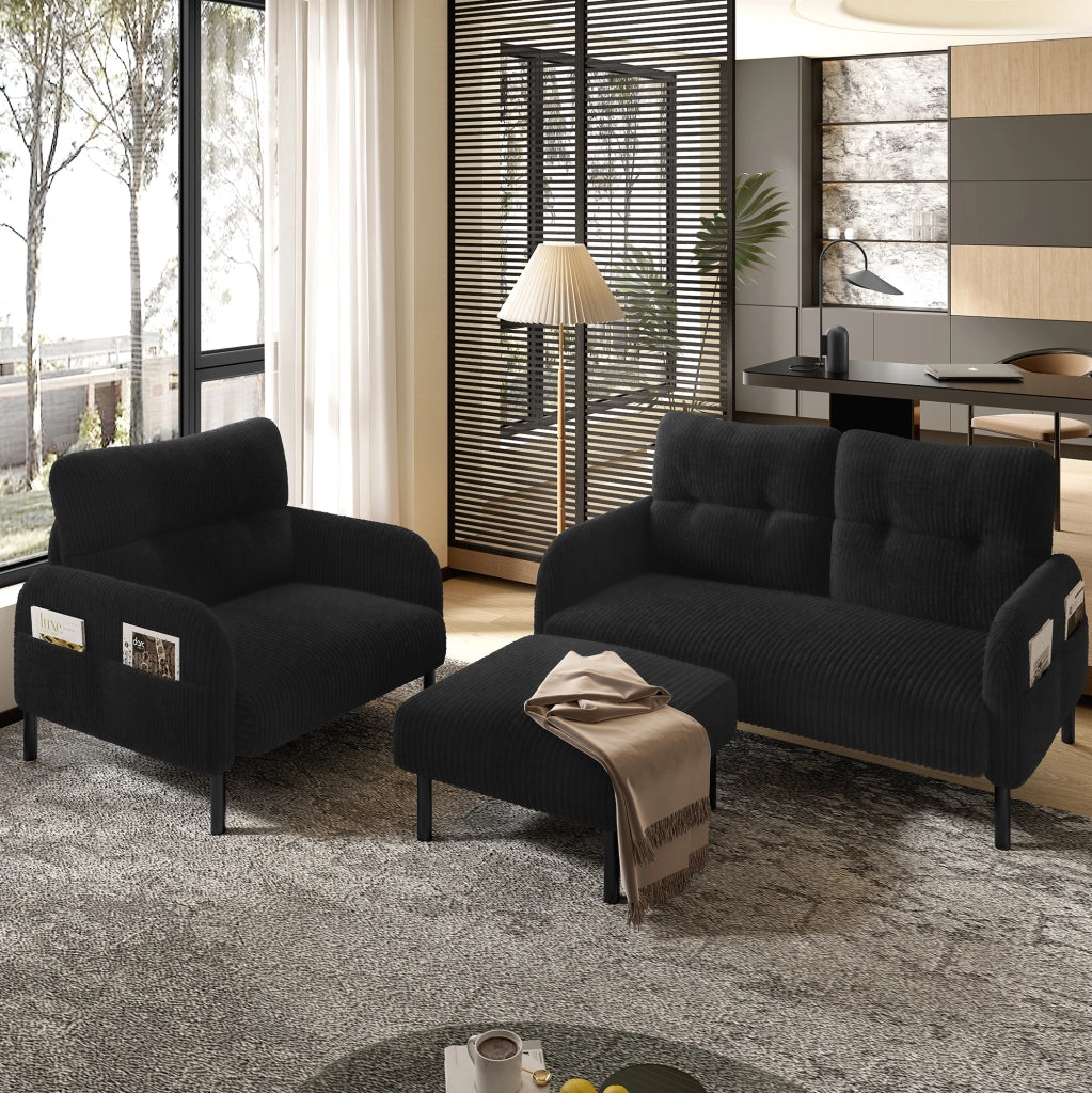 Pouf poggiapiedi ULEVR in velluto a coste nero con struttura in metallo, imbottito e versatile