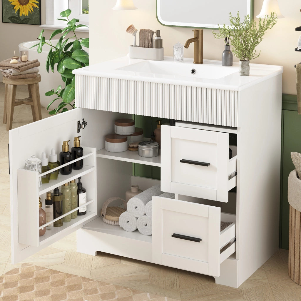Mobile da Bagno con Lavabo in Ceramica e Cassetti ¨C MINIMAL ¨C Bianco con Ripiani e Cerniere in Metallo