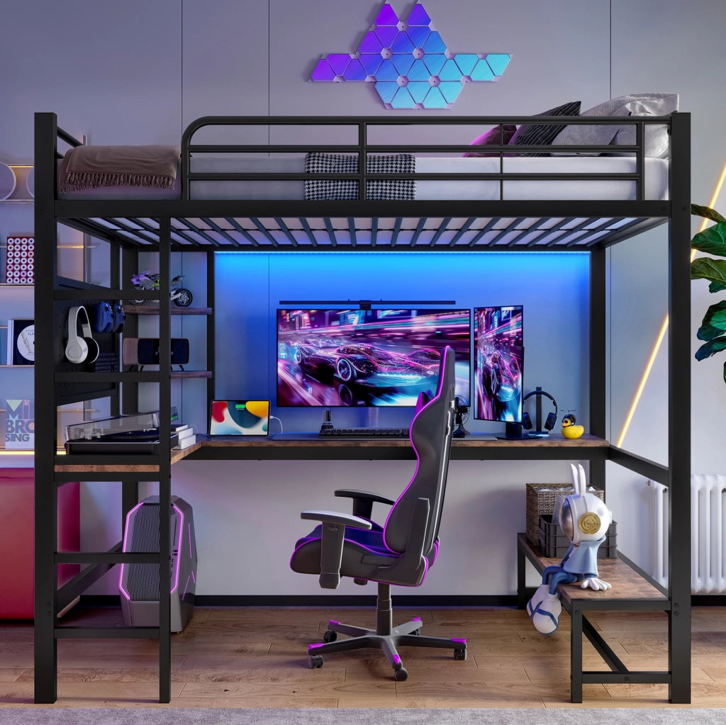 Letto a soppalco 90x200 cm con scrivania, LED e USB-C