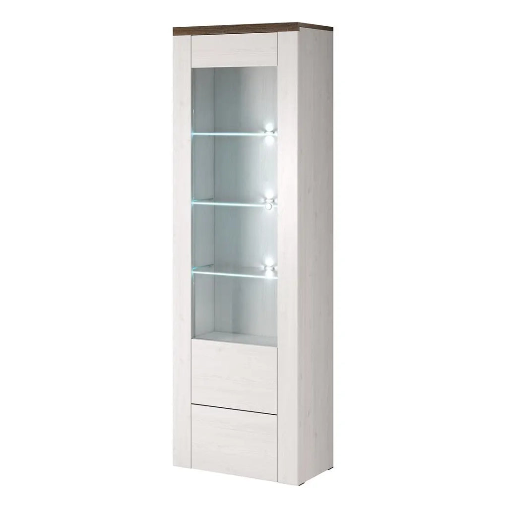 Vetrina alta design con 1 porta collezione SANTIAGO. Color bianco effetto legno e rovere.