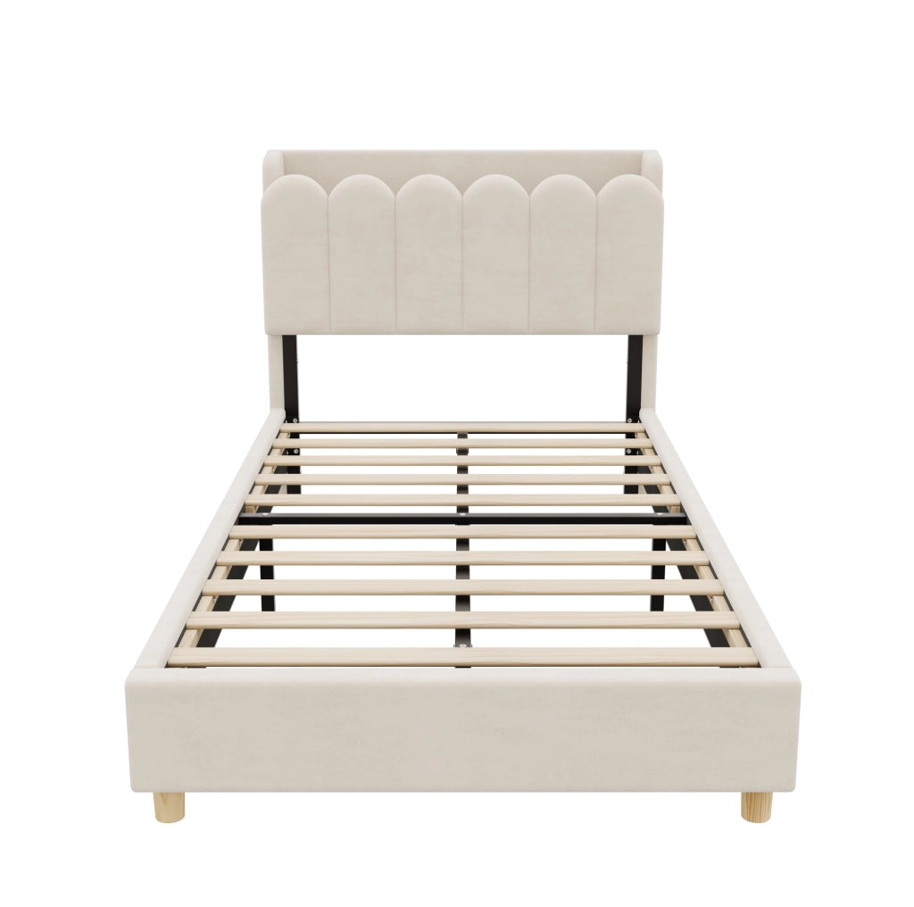 Letto singolo imbottito beige 90 x 200 cm con USB, USB-C e luce